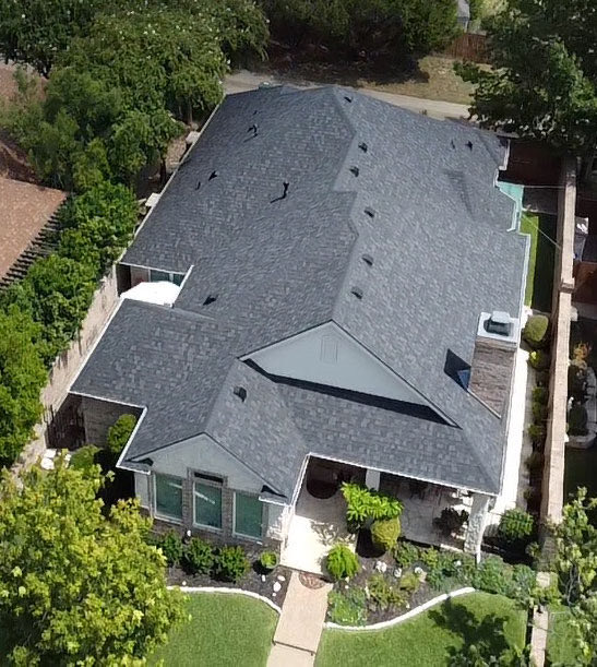 Aerial view of a grey residential roof